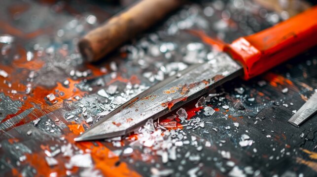 Sharpening knife on a black background. Carpenter's workbench.