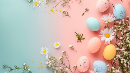 Colorful easter eggs with spring flowers on a pastel background. seasonal holiday concept with copy space. decorative and festive. AI - obrazy, fototapety, plakaty