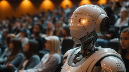 A robot is in a university auditorium.