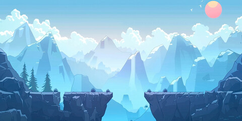 Mountains background, video game style graphics mountain level design backdrop illustration, gaming resources, scrolling platform, generated ai - obrazy, fototapety, plakaty