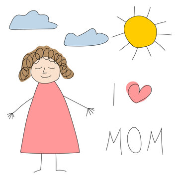 Greeting card invitation for Mother's Day and Women's Day. Smiling woman in a red dress and the text I love mom. Sun and clouds on a white background. Vector flat doodle illustration for March 8th.