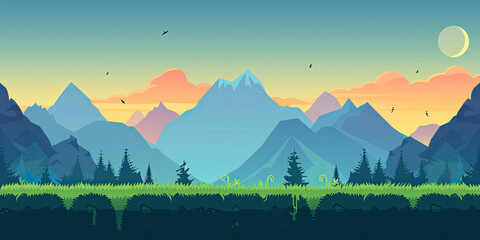 Mountains background, video game style graphics mountain level design backdrop illustration, gaming resources, scrolling platform, generated ai - obrazy, fototapety, plakaty