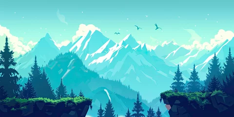 Zelfklevend Fotobehang Mountains background, video game style graphics mountain level design backdrop illustration, gaming resources, scrolling platform, generated ai © dan