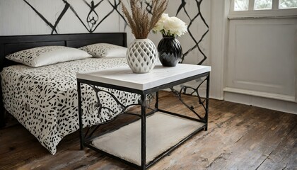 a rustic-inspired white and black smart night table made from distressed metal for a cozy and inviting bedroom ambiance
