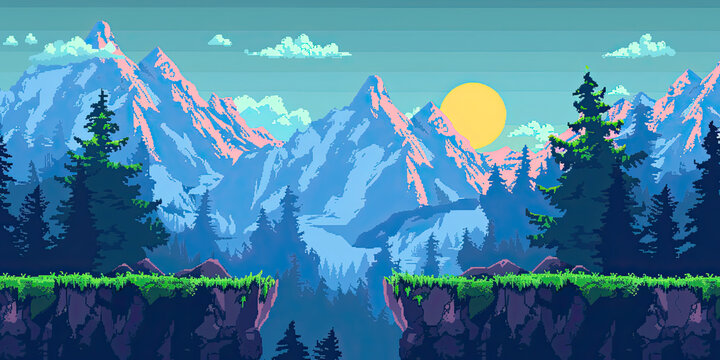 Mountains background, video game style graphics mountain level design backdrop illustration, gaming resources, scrolling platform, generated ai