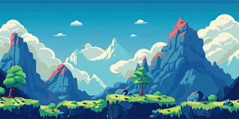 Mountains background, video game style graphics mountain level design backdrop illustration, gaming resources, scrolling platform, generated ai