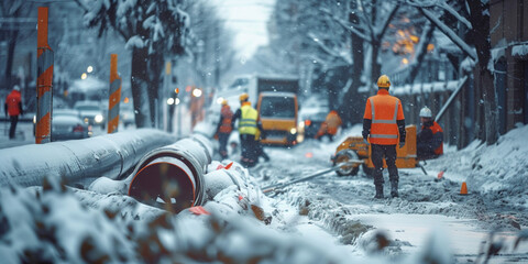 Construction of drinking water plumbing pipeline repair in winter time concept. Workers install underground pipes for water, sewerage electricity and fiber optics for the population of an urban center