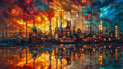 Artistic depiction of a city skyline and industrial silhouette against a vibrant, abstract sunset with reflections on water.
