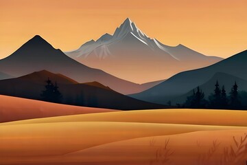 Dreamy mountains with autumn background during sunset or sunrise. Elegant and minimalistic style wallpaper with copy space in orange, yellow colors. Generative AI