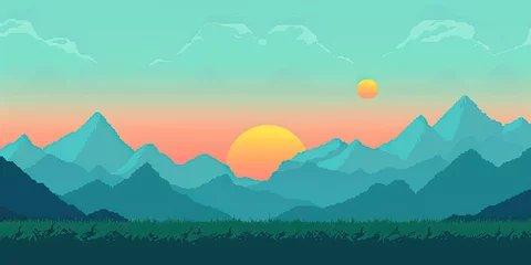 Foto op Plexiglas Mountains background, video game style graphics mountain level design backdrop illustration, gaming resources, scrolling platform, generated ai © dan