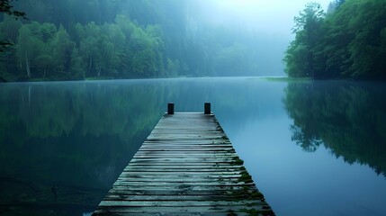 Serene lake at dawn with wooden pier, misty morning calmness, nature landscape photo. ideal for wallpapers and posters. AI - obrazy, fototapety, plakaty