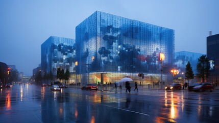 center blue mall building illustration store commercial, design modern, glass facade center blue...