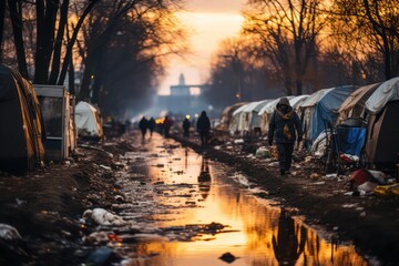 City with tents and garbage There are poor homeless people.