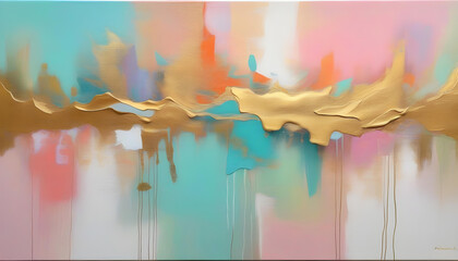 An abstract painting with swirls of colorful pastel colors and gold accents