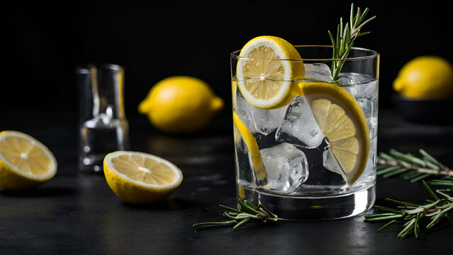 Gin Tonic with Ice Cubes, Lemon, and Rosemary on Black B 0






