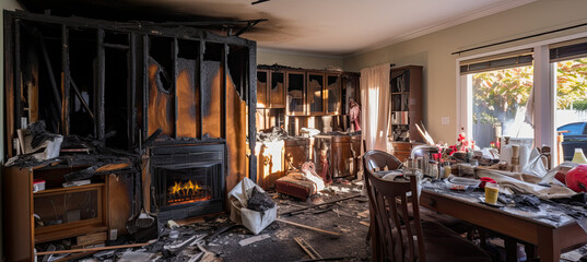 Indoor view, house Fire Damage after fire ends