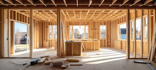 Fototapeta premium Interior framing of a new house under construction
