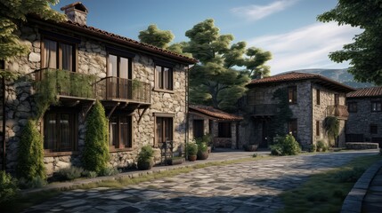 Obraz premium modern apartment farmhouse building illustration historic city, country loft, studio penthouse modern apartment farmhouse building