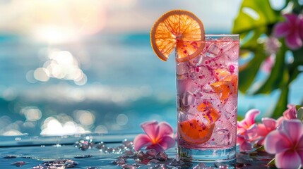 Tropical pink drink seaside - obrazy, fototapety, plakaty