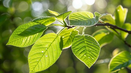 Fototapeta na wymiar Closeup of vibrant green leaves on an apple tree branch, illuminated in the soft morning sunlight.