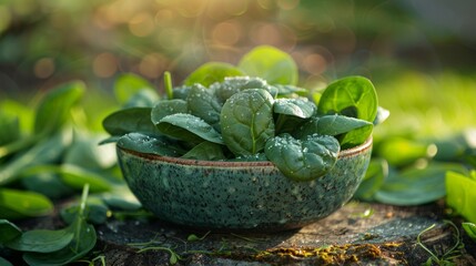 Sunlit bowl of fresh spinach on natural background