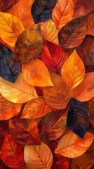 The fiery patterns of autumn leaves with a detailed view of their transitioning colors