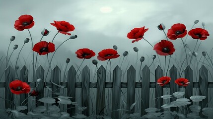 An illustration of red poppies on the fence, grey sky, foggy background, detailed, fantasy.