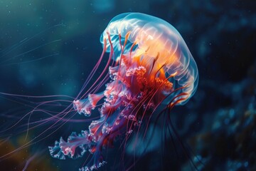 The luminescence of a jellyfishs tentacles captured in a dark aquatic environment