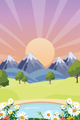 Mountains flat clipart sunset adventure landscape and sky with lake natural vector illustration background