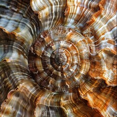 The textured surface of a seashell with its natural gradient colors and patterns