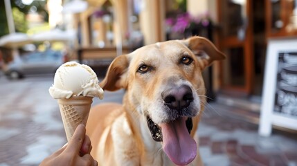 dog want to eat ice cream - obrazy, fototapety, plakaty