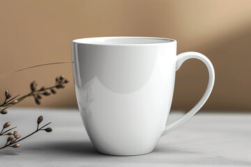 A plain white mug against a blurred background - obrazy, fototapety, plakaty