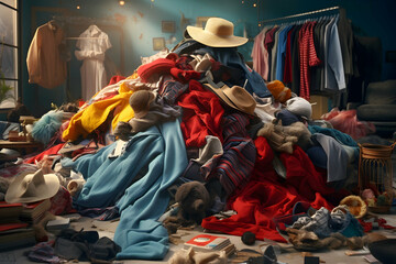 A chic chaos unfolds as a pile of clothing adorns a table