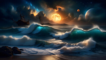 A digital artwork of an apocalyptic sea with a blue moon rising above the horizon and a galaxy-filled sky - obrazy, fototapety, plakaty