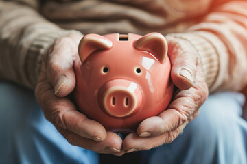 Close-up of an old man's hand holding piggy bank, savings concept