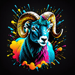 Vibrant Neon Colored Aries Artwork. AI-generated