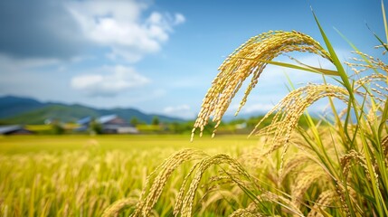 A field of rice with a clear blue sky in the background