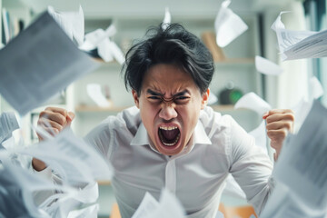 Obraz premium Pissed off asian office worker cluttered with paperwork shouting, theme or concept of a rush at work