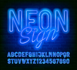 Neon Sign alphabet font. Blue neon color letters and numbers. Stock vector typescript for your design.
