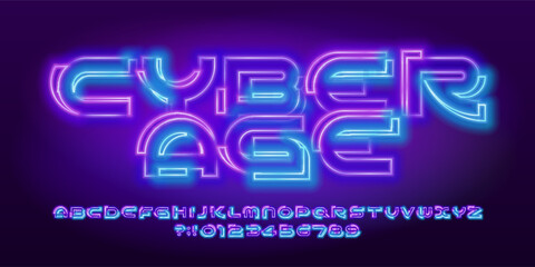 Cyber Age alphabet font. Neon color futuristic letters and numbers. Stock vector typescript for your design.