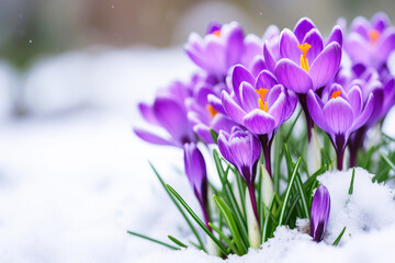 Purple crocus flowers growing in the snow in early spring