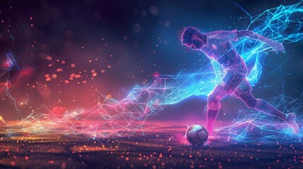 A man is kicking a soccer ball in a field with a colorful background