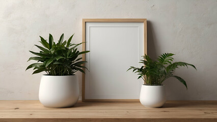 White Frame Mockup with Plant Pot on Wooden Table and 1





