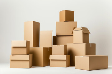 cardboard boxes stacked white background