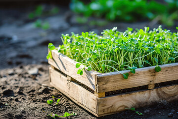 Wooden crate with sprouts in the garden