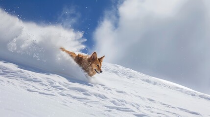 Dog playing with snow in the mountains on a sunny winter day.