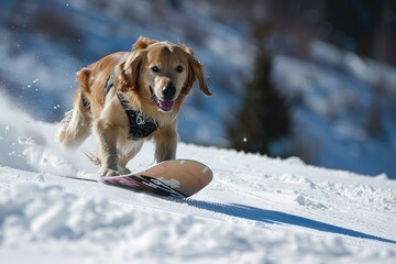 Cute Golden Retriever running on snowboard in the mountains