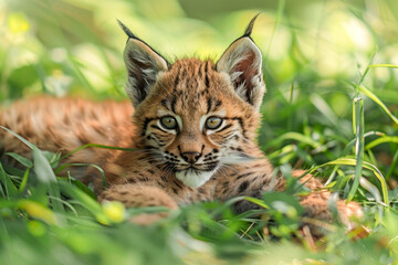 Fototapeta premium The lynx cub is lying in the grass