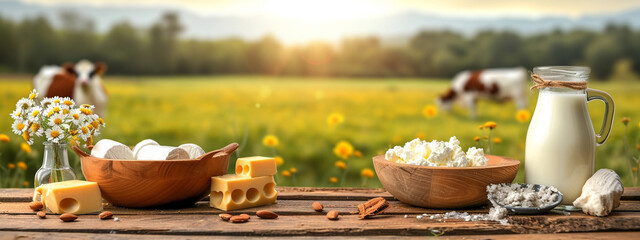 Dairy products on wooden background, selective focus, Generative AI,