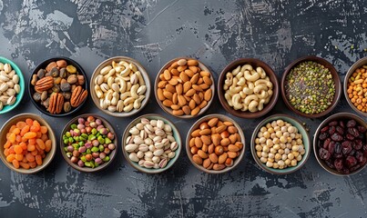 A row of bowls filled with various nuts and dried fruit